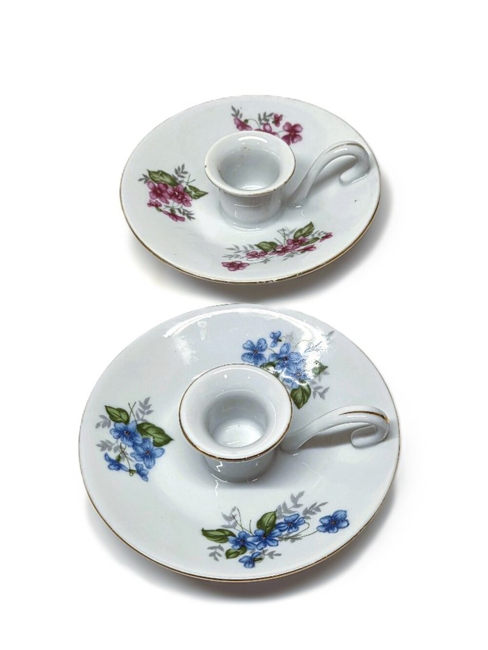 Vtg Porcelain Violet Candlestick Holder Set x2 Taper Candle Pair Lot PWF Japan